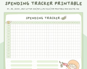 Könnte beinhalten: Ein druckbarer Ausgaben-Tracker mit grünem Hintergrund und einer Comicfigur, die Geld hält. Der Tracker hat ein Raster für jeden Monat des Jahres und Platz für Notizen.