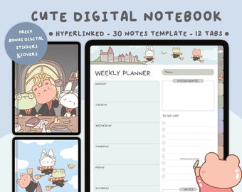 Kawaii Digital Notebook|Portrait DigitalNotebook with Tabs|Digital Notes Templates|Hyperlinked Digital Notebook|12 Sections Digital Notebook