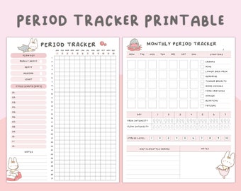 May include: Printable period tracker with a pink background and cute cartoon illustrations of a shark and a bunny. The tracker includes sections for tracking flow, cycle length, pain intensity, flow intensity, stress level, and symptoms. The tracker also includes a section for notes and diet/lifestyle changes.