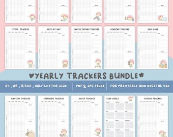 Printable Yearly Tracker Bundle | Goal, Habit, Mood (PDF)