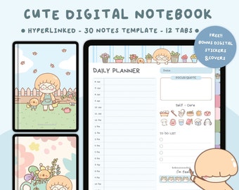 May include: A digital planner with a cute cartoon character on the cover. The planner has a daily planner section, a to-do list, a self-care section, and a notes section. The planner is designed with a blue and white color scheme and features a variety of cute illustrations.