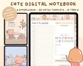 Kawaii-Notizbuch (PDF) | 12 verlinkte Registerkarten | Notizvorlagen im Hochformat | Goodnotes & Notability | iPad-Schüler