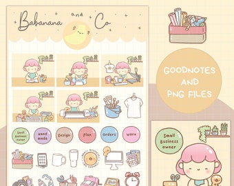 May include: A digital sticker sheet featuring the text Babanana and Co, Goodnotes and PNG files, and Small Business owner. The sheet includes illustrations of a character with pink hair, craft supplies, office equipment, and various icons.