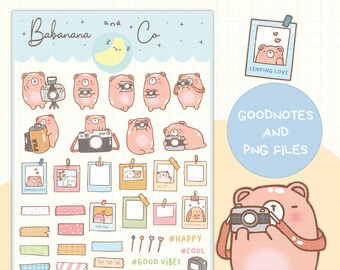 May include: A digital sticker sheet by Babanana and Co featuring pink cartoon bears with cameras, polaroid frames, washi tape strips, and hashtags. The sheet includes text like Sending Love, Goodnotes and PNG Files, Happy, Cool, Good Vibes, and Say Cheese.
