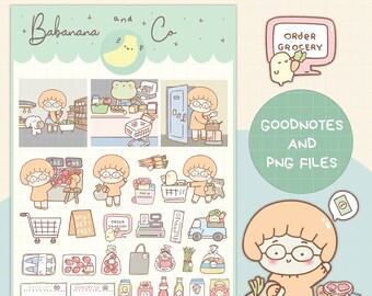 May include: A digital sticker sheet featuring cute cartoon illustrations of a person grocery shopping, including various food items, a shopping cart, a cash register, a delivery truck, and text labels like Babanana and Co, Order Grocery, and Pick up Grocery.