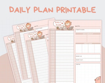 Agenda diaria imprimible y adorable / Plantilla de agenda diaria digital / Papelería imprimible / Disponible en A4 / A5 / Carta / Tamaño medio / Descarga instantánea en PDF