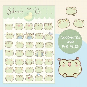 May include: A set of 48 digital stickers featuring cute green frogs with different expressions. The stickers are designed for use in Goodnotes and other note-taking apps. The stickers include a variety of expressions, including happy, sad, surprised, and angry. The stickers are perfect for adding a touch of personality to your notes.