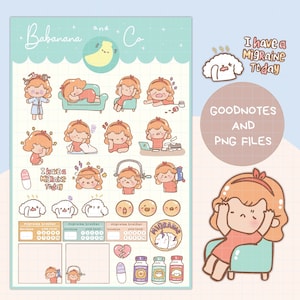 May include: A set of digital stickers featuring a cartoon character with a migraine. The stickers include various expressions and activities related to migraines, such as lying down, taking medication, and using a cold compress. The stickers are designed for use in digital planners and notes.