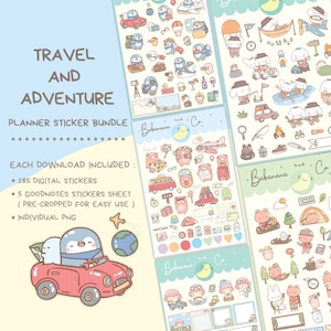 Könnte beinhalten: Ein digitales Planer-Sticker-Set mit dem Titel TRAVEL AND ADVENTURE, das 185 Sticker auf mehreren Bögen enthält. Die Grafiken zeigen Zeichentricktiere, Reiseausrüstung, Fahrzeuge und Campingzubehör in sanften Pastellfarben mit einem roten Auto.
