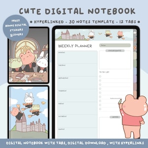 Kawaii Digitales Notizbuch|Hochformat DigitalesNotizbuch mit Tabs|Digitale Notizen Vorlagen|Verknüpftes digitales Notizbuch|12 Abschnitte Digitales Notizbuch
