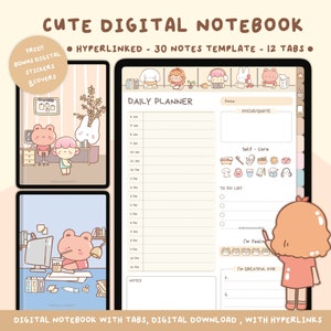 Kawaii Digitales Notizbuch|Hochformat DigitalesNotizbuch mit Tabs|Digitale Notizen Vorlagen|Verknüpftes digitales Notizbuch|12 Abschnitte Digitales Notizbuch