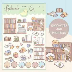 Könnte beinhalten: Ein digitales Stickerbogen mit hellgrünem Hintergrund, der Illustrationen von Zeichentieren beim Lesen von Büchern zeigt. Der Bogen enthält Bücherregale, Katzen, Vögel und andere Elemente zum Thema Lesen. Der Text "Babanana and Co" befindet sich oben.