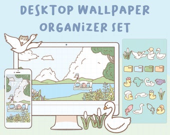May include: A desktop wallpaper organizer set with a cute cartoon swan theme. The set includes a desktop wallpaper, folders, and icons. The wallpaper features a lake scene with swans, a boat, and trees. The folders are shaped like swans and the icons are various swan-themed images.