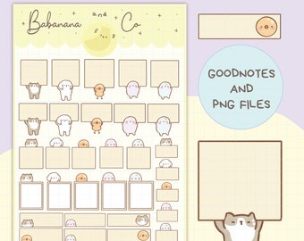 May include: A digital sticker sheet labeled Babanana and Co featuring various grid-lined memo boxes held by cute illustrated animals and characters. The set includes Goodnotes and PNG files, with a large separate memo box held by a cat character.