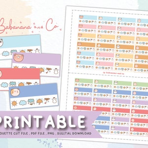 Op de afbeelding: Printbare digitale planner stickers met schattige dierillustraties. De stickers zijn in verschillende kleuren, waaronder roze, blauw, geel en groen. De stickers zijn ontworpen voor gebruik in een planner of dagboek.