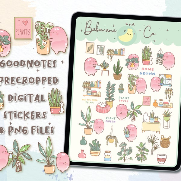 House Plants Digital Stickers | Goodnotes Stickers | Cute Hand Draw | Digits Stickers | Planner | Kawaii | Precropped PNG