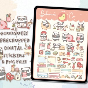 May include: Digital stickers for Goodnotes featuring cute panda illustrations. The stickers include a variety of designs, such as pandas reading books, holding coffee cups, and using tape dispensers. The stickers are pre-cropped and come in PNG format.