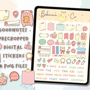 May include: A digital sticker set for Goodnotes featuring pastel-coloured icons, labels, and text on a tablet screen. The collection includes bears, speech bubbles, ribbons, arrows, and calendar words like B-DAY, MON, and TO DO LIST in a cute style.