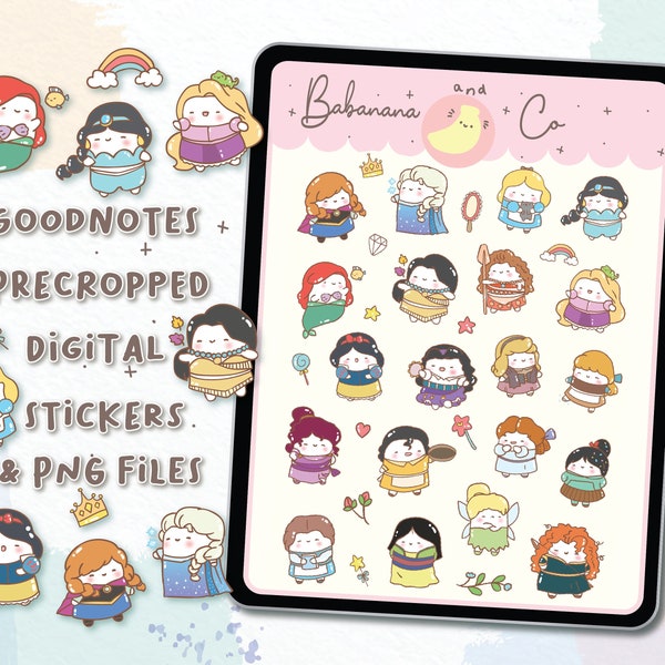 Cute Princess digital stickers | Goodnotes Stickers | Cute Hand Draw | Digits Stickers | planner | kawaii | precropped png