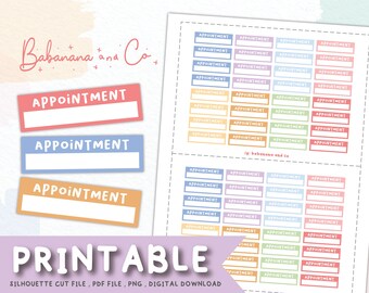 May include: Printable appointment stickers with a pastel color scheme. The stickers are rectangular and have a white space for writing. The text "Babanana and Co." is at the top of the image.