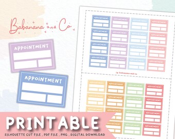 May include: Printable digital planner stickers with the text "Appointment" in a variety of pastel colors. The stickers are designed to be cut out and used in a planner or journal.