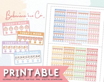Könnte beinhalten: Druckbare digitale Planer-Aufkleber mit einer Vielzahl von niedlichen Tiergesichtern und Mood-Tracker-Designs. Die Aufkleber sind in einem Regenbogen von Farben, darunter Rosa, Blau, Gelb, Grün und Orange. Der Text "Babanana and Co." befindet sich oben auf der Seite.