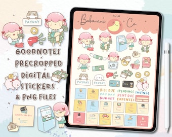 Cute Hand Drawn Money And Finance digital stickers | Goodnotes Stickers |  Digits Stickers | planner | kawaii | precropped png