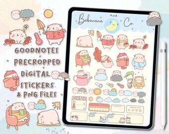 May include: A digital sticker sheet featuring cute cat illustrations with weather themes, including cats with umbrellas, rain gear, and clouds. The text reads Babanana and Co, Goodnotes, Precropped, Digital Stickers, and PNG Files.