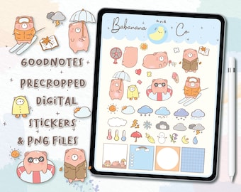 May include: A digital sticker sheet displayed on a tablet screen featuring various illustrations of a light pink bear character, weather icons, and memo boxes. The text "Babanana and Co" is at the top. A white stylus is positioned to the right of the tablet.