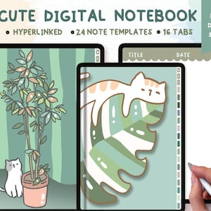 Könnte beinhalten: Ein digitales Notizbuch mit einem Design aus grünen und weißen Monstera-Blättern. Das Notizbuch enthält eine Katzenillustration und den Text "TITLE" und "DATE" oben. Das Notizbuch ist auf einer leeren Seite mit einem Stift geöffnet.