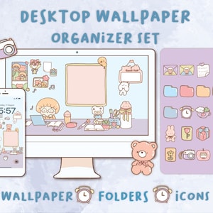 May include: A set of digital desktop organizer icons featuring a cute cartoon aesthetic. The set includes a wallpaper with a computer screen, a phone, and various icons for folders and other desktop elements. The icons are in pastel colors and feature animals, plants, and other cute designs.