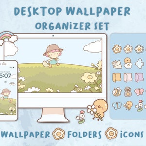 May include: A desktop wallpaper organizer set with a cute cartoon illustration of a girl in a field of flowers. The set includes a phone wallpaper, a computer wallpaper, and a set of icons for folders. The icons include a bee, a butterfly, a flower, a paper airplane, and a folder.