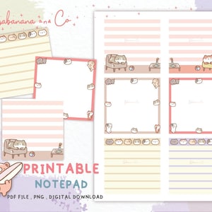 May include: Printable notepad with a cat theme. The notepad has a variety of pages with different designs, including lined pages, blank pages, and pages with a cat illustration. The notepad is perfect for taking notes, making lists, or jotting down ideas.