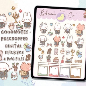 May include: A digital sticker sheet displayed on a tablet screen featuring cartoon characters in robes, books, wands, and magical items. The text reads Babanana and Co, GOODNOTES PRECROPPED DIGITAL STICKERS & PNG FILES. A white stylus rests beside the tablet.