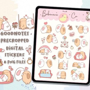 May include: Digital stickers featuring cute cartoon bunnies in various romantic scenarios. The image includes text that reads "GOODNOTES + PRECROPPED + DIGITAL STICKERS & PNG FILES" and the brand name "Babanana and Co."