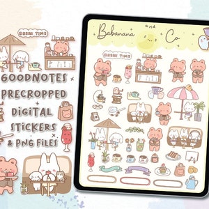 Könnte beinhalten: Ein Set digitaler Sticker mit niedlichen Illustrationen von Tieren, Kaffeetassen und anderen Objekten. Die Sticker sind für die Verwendung in Goodnotes zugeschnitten und werden mit PNG-Dateien geliefert. Das Set enthält den Text "Babanana and Co." und "Goodnotes Precropped Digital Stickers & PNG Files".