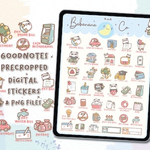 May include: A digital tablet displaying a sheet of pre-cropped financial stickers featuring cute panda illustrations and text labels like Pay Phone Bill, Loan, and Investment. A white stylus rests beside the tablet, surrounded by individual sticker icons.