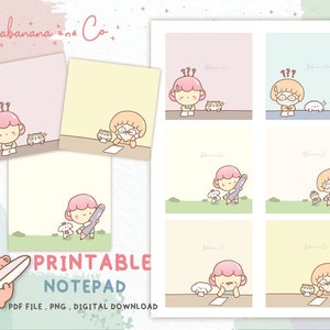 May include: Printable notepad featuring a set of 8 colorful digital note cards with cute cartoon illustrations of girls with animals. The text "Babanana and Co." is at the top of the image. The text "Printable Notepad" is in a pink banner at the bottom of the image. The text "PDF File, PNG, Digital Download" is below the banner.