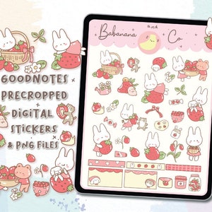 Cute Strawberry digital stickers | Goodnotes Stickers | Cute Hand Draw | Digits Stickers | planner | kawaii | precropped png