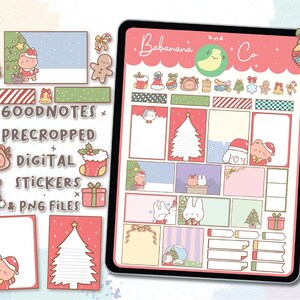 Può includere: Un set di adesivi digitali per planner a tema natalizio. Gli adesivi presentano simpatiche illustrazioni di animali, alberi e decorazioni natalizie. Gli adesivi sono pretagliati per l'uso nell'app Goodnotes. Il testo "Goodnotes Precropped Digital Stickers & PNG Files" è incluso nell'immagine.