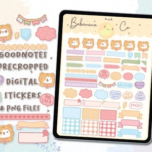 May include: A digital sticker set for Goodnotes featuring pre-cropped stickers with a cute cartoon tiger theme. The stickers include banners, speech bubbles, and other decorative elements in pastel colors. The set also includes PNG files.
