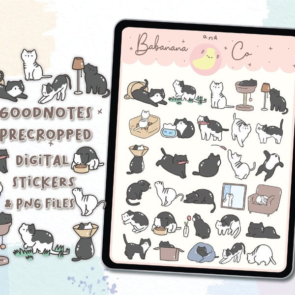 Black and white cats digital stickers | Goodnotes Stickers | Cute Hand Draw | Digits Stickers | planner | kawaii | precropped png
