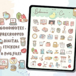 May include: A digital tablet displaying a collection of colorful, hand-drawn style stickers featuring icons like a laptop, house, car, calculator, and medical supplies. The text Babanana and Co is at the top, with a stylus pen resting on the right side.
