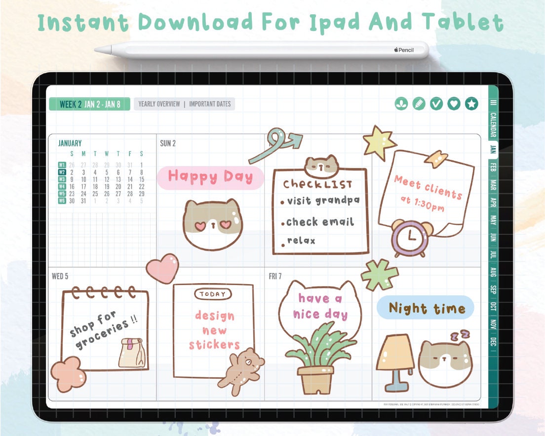 Cute Cat Planner Sticker Digital Stickers | Goodnotes Stickers | Cute ...