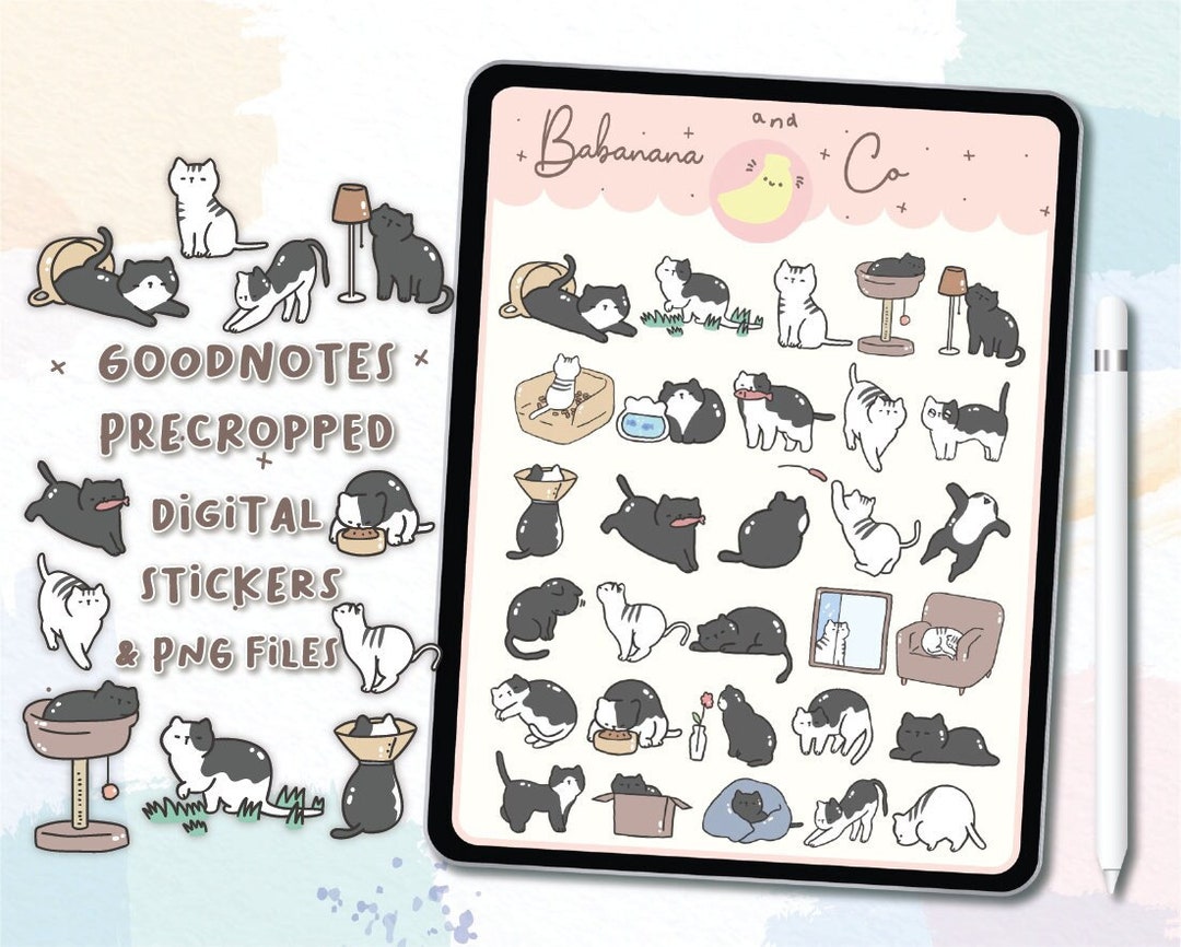 Cute Hand Drawn Black and White Cats Digital Stickers | Goodnotes ...