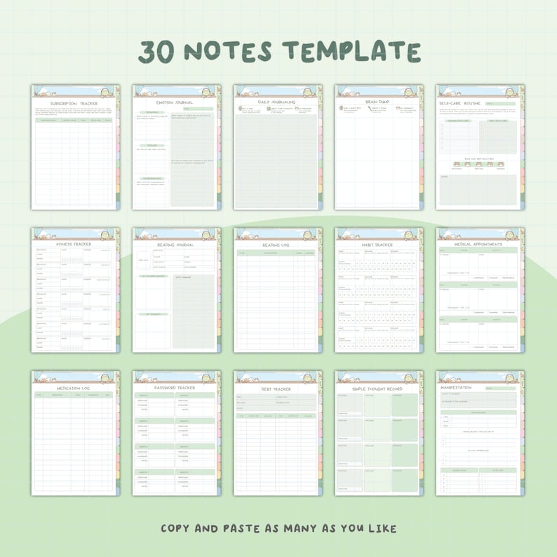 May include: A set of 30 printable note templates featuring a cute cartoon animal theme. The templates include a variety of designs for tracking subscriptions, fitness, reading, daily journaling, and more. The text "30 NOTES TEMPLATE" is at the top of the image.