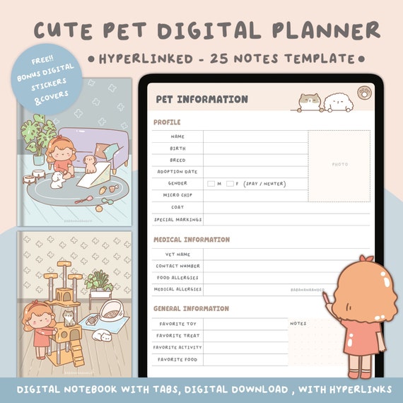 Digital Pet Planner PDF | Care Tracker & Log Book | Owners Journal Goodnotes Notability