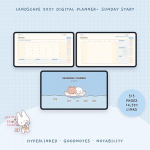 May include: A landscape 2027 digital planner with a Sunday start, featuring a cover with two cartoon animals in a boat, a monthly calendar view, and a schedule page. The planner includes 515 pages and 14,597 links, compatible with Goodnotes and Notability.