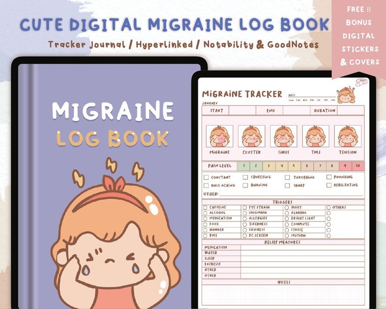K&ouml;nnte beinhalten: Ein digitales Migr&auml;ne-Tagebuch mit einer niedlichen Cartoon-Illustration eines M&auml;dchens mit Kopfschmerzen. Das Tagebuch enth&auml;lt Abschnitte zur Verfolgung von Migr&auml;nesymptomen, Ausl&ouml;sern und Linderungsmassnahmen. Das Buch ist f&uuml;r die Verwendung mit digitalen Notiz-Apps wie Notability und GoodNotes konzipiert.