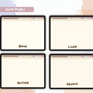 Puede incluir: Cuatro pantallas de tabletas digitales que muestran p&aacute;ginas de notas. Las pantallas muestran una p&aacute;gina en blanco, una p&aacute;gina con l&iacute;neas, una p&aacute;gina con puntos y una p&aacute;gina con cuadr&iacute;cula. El texto "Note Pages" est&aacute; en la parte superior, y cada tipo de p&aacute;gina est&aacute; etiquetado debajo.